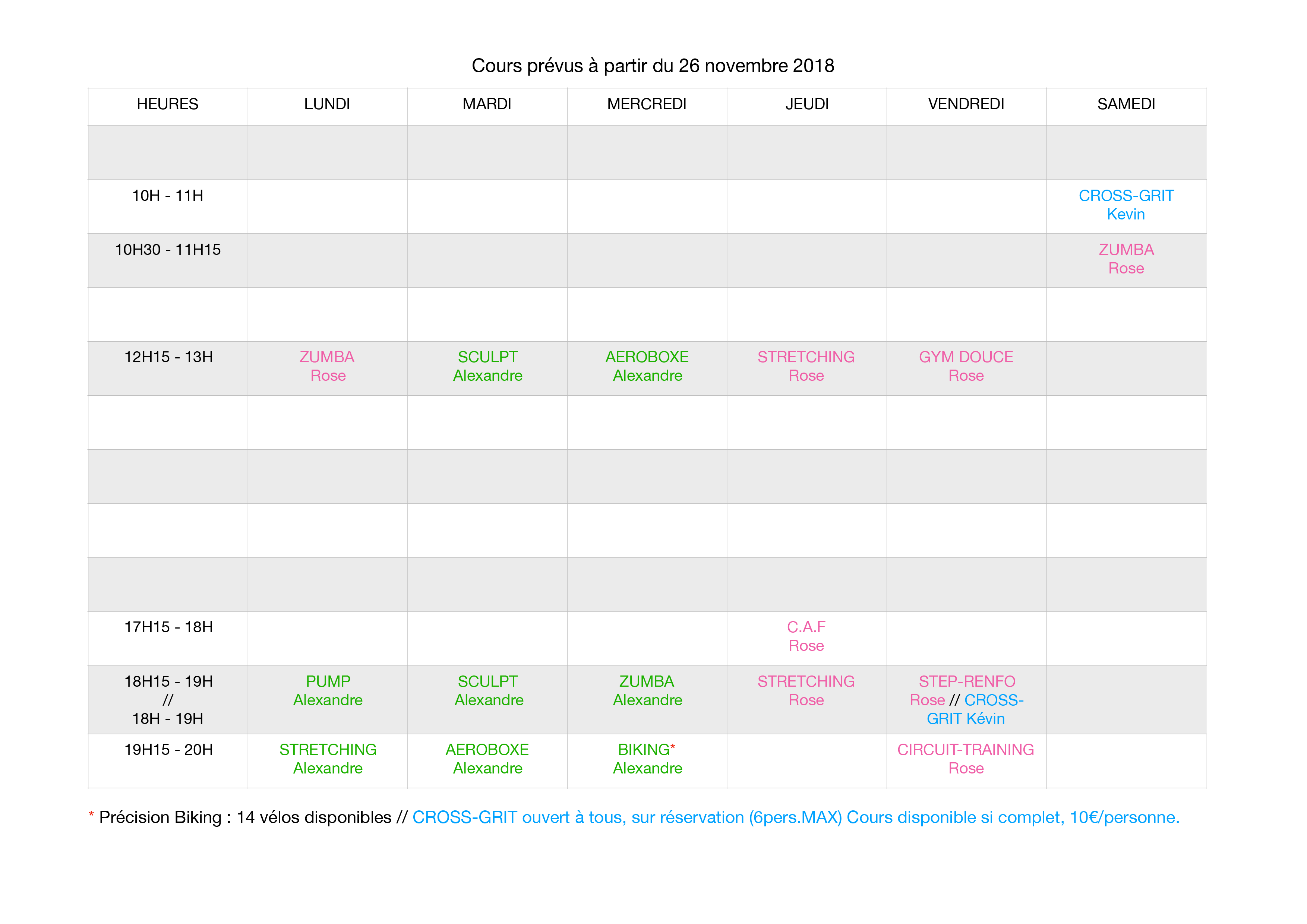 Planing cours co du 26 au 30 novembre. Fitness Planning